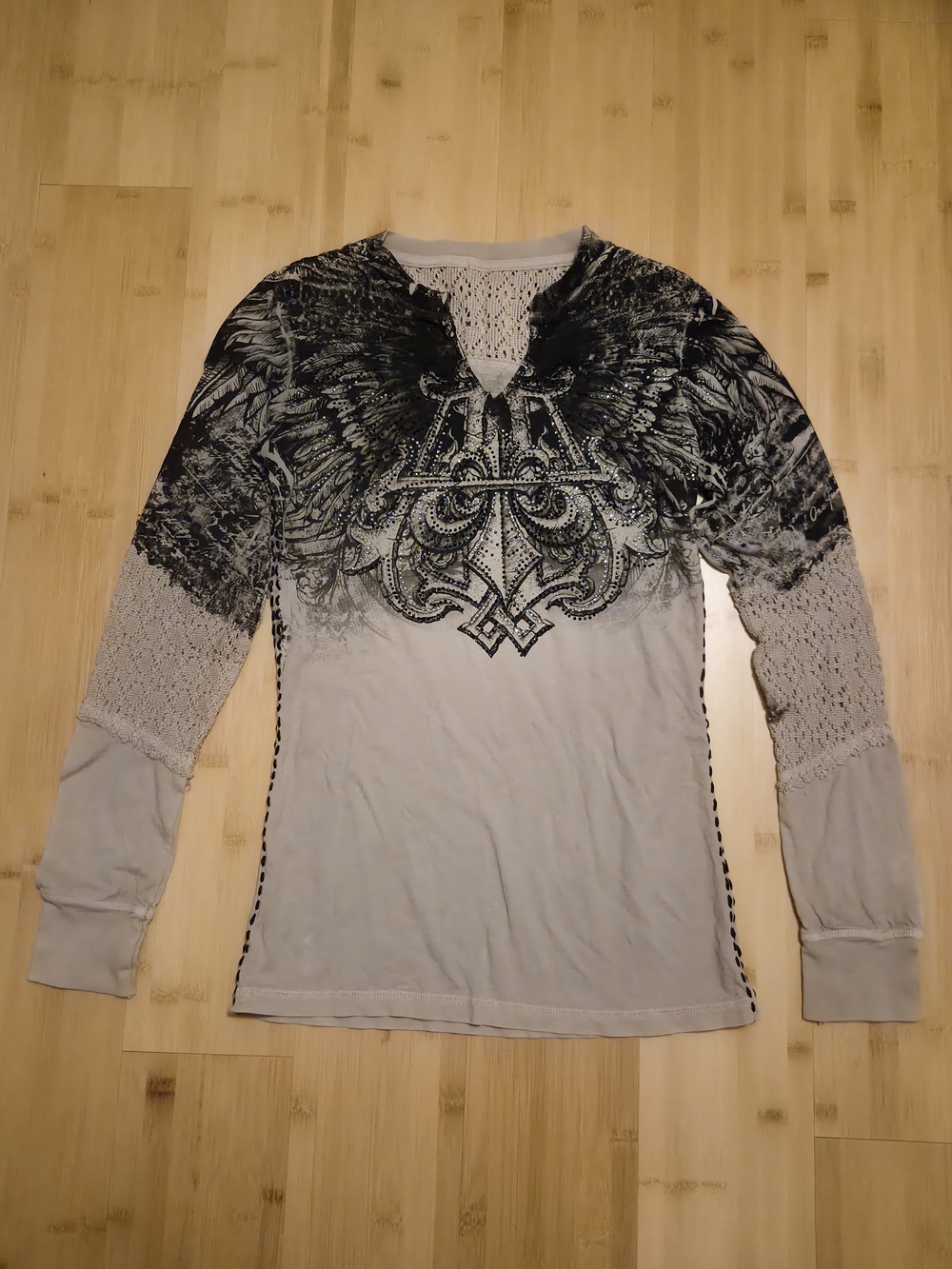 Affliction Womens Graphic Long Sleeve Top Angel Wings Cross Rhinestone Grey
